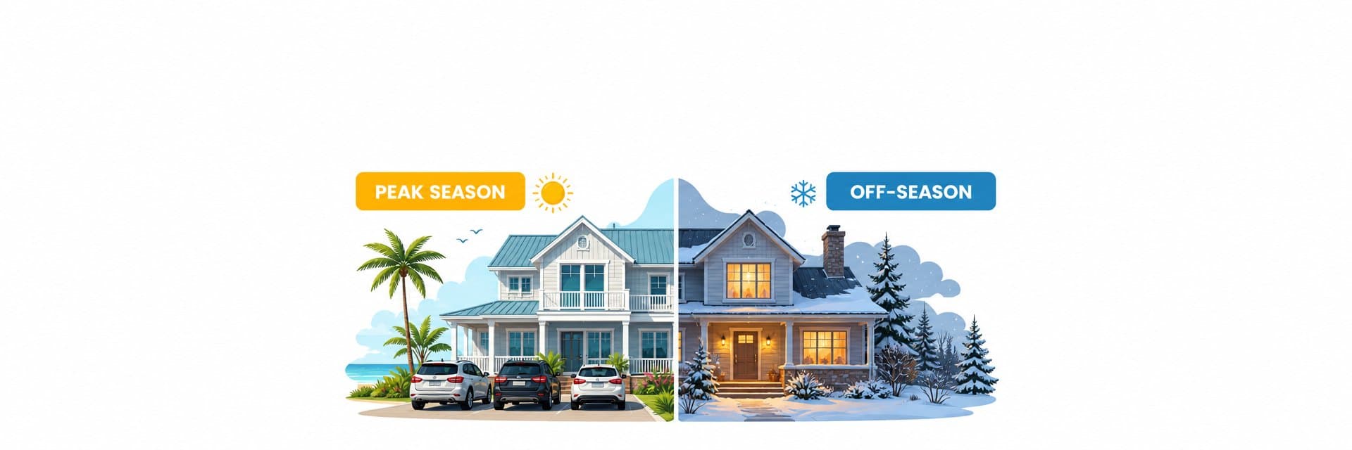 Peak season vs off-season vacation rental pricing strategy showing summer demand and winter long-stay opportunities