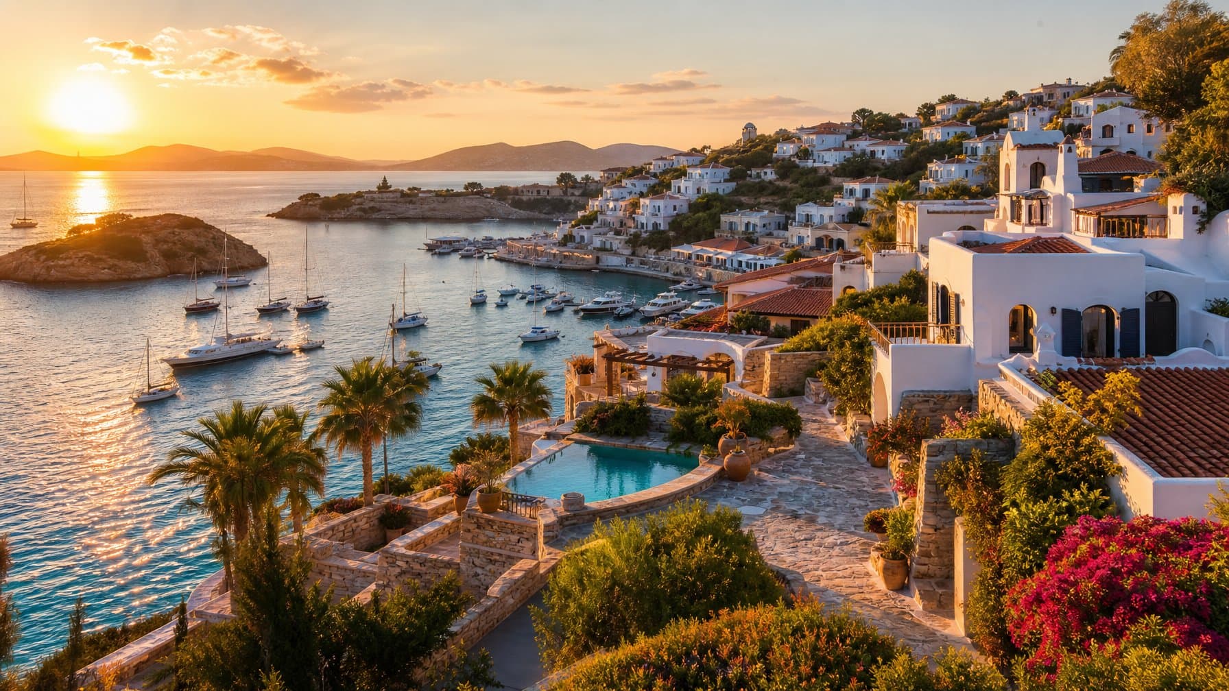 Aerial view of a sun-drenched Mediterranean coastal village with whitewashed villas, turquoise water, and a vibrant harbor at golden hour, representing the global vacation rental community on Houfy.