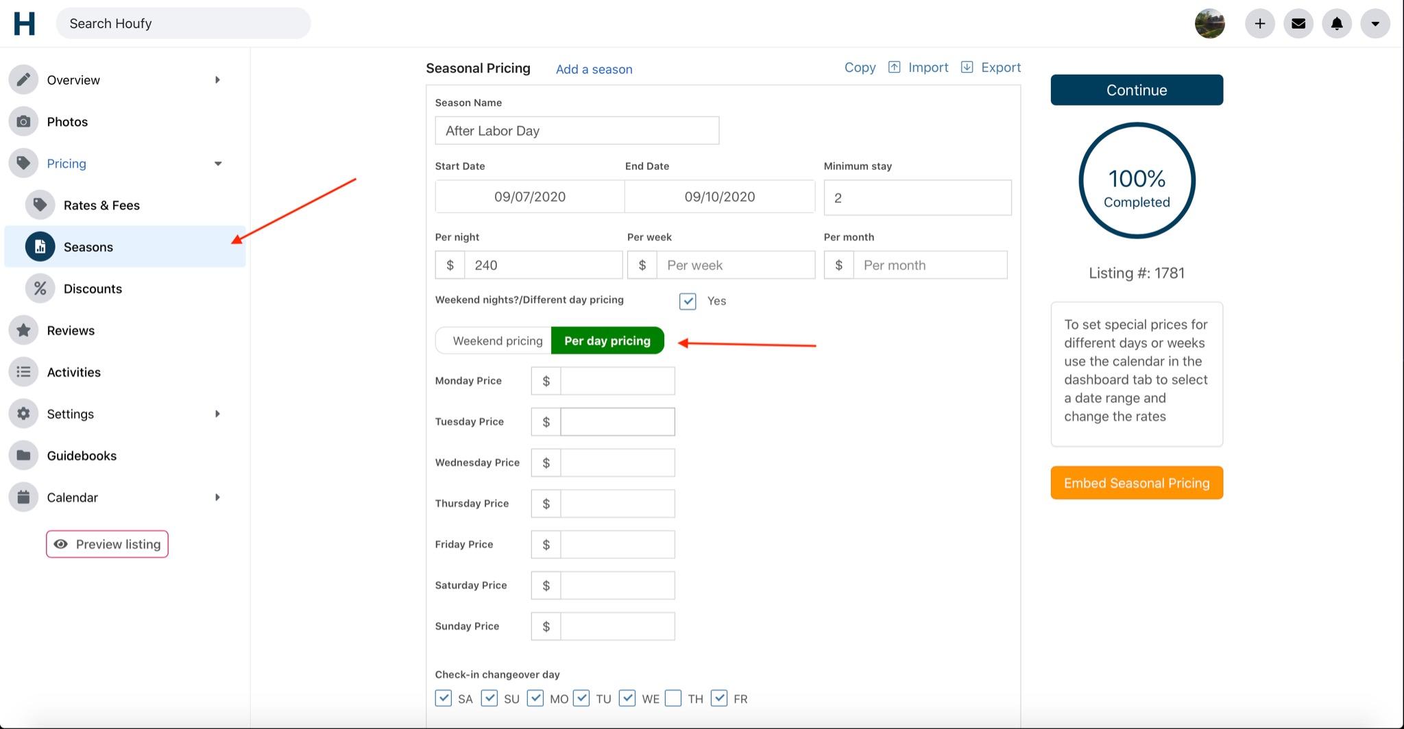 Can I set different rates for specific days of a week within a season?
