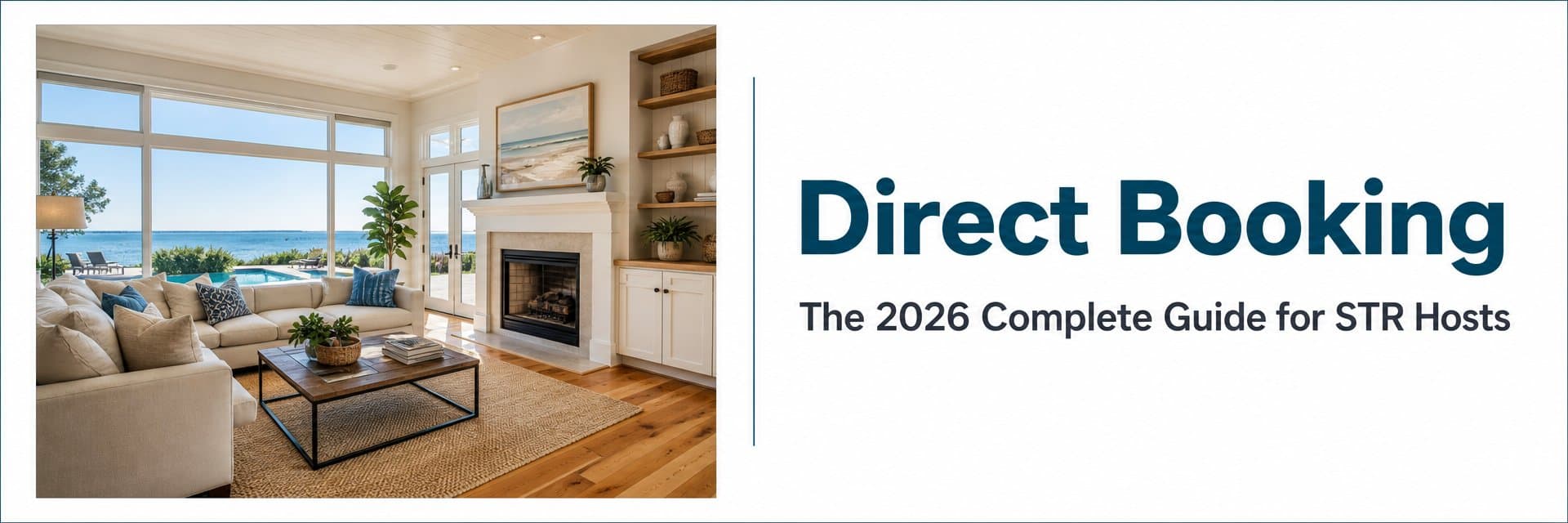 Short-term rental host reviewing direct booking income on a laptop with a sunlit mountain cabin in the background — Houfy 2026 complete guide to direct booking for STR hosts