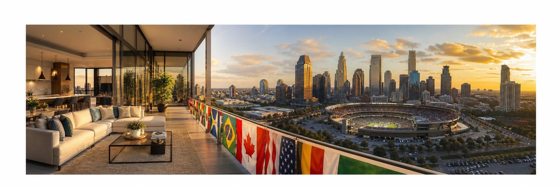 Luxury vacation rental interior with FIFA World Cup 2026 flag on the balcony overlooking a stadium and city skyline at golden hour