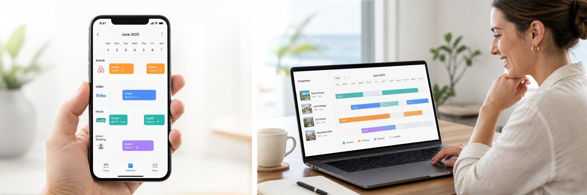 A smartphone displaying a color-coded vacation rental calendar with Airbnb, VRBO, and Houfy booking blocks alongside a smiling host reviewing a multi-property management dashboard on a laptop