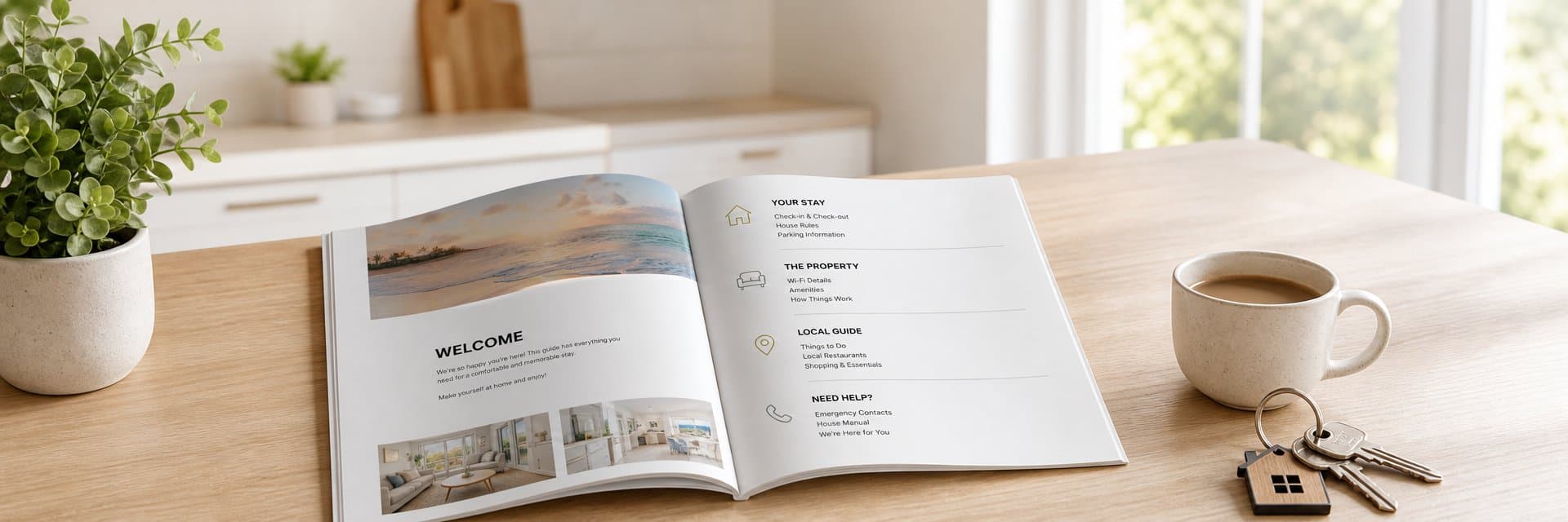 Vacation rental welcome book open on a kitchen counter next to house keys, a coffee mug, and a small plant — bright natural light in a modern interior