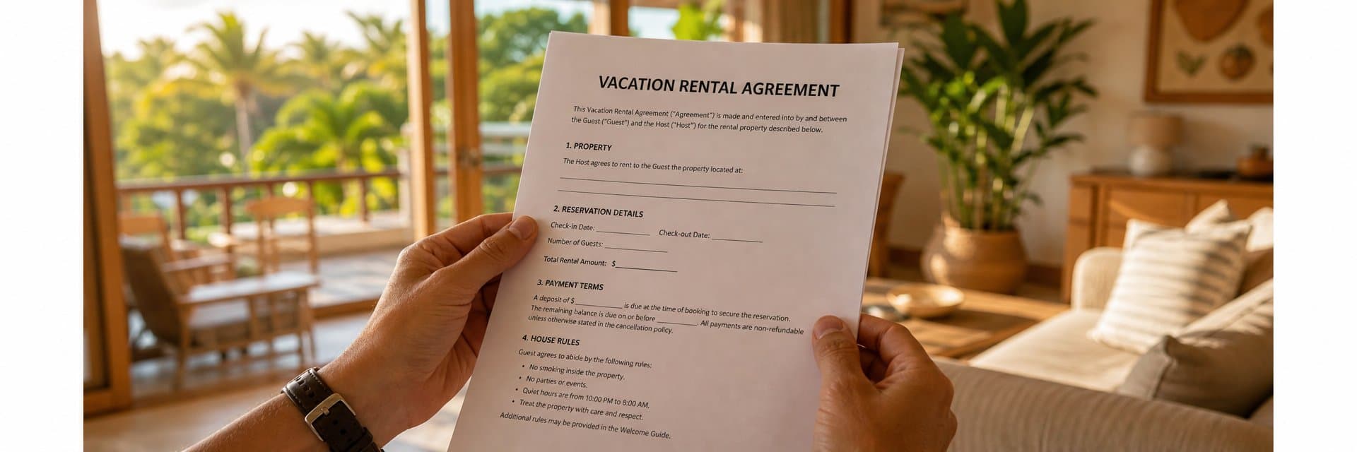 Guest's hands holding a printed vacation rental guest agreement with a warm sunlit vacation rental interior visible through the window in the background