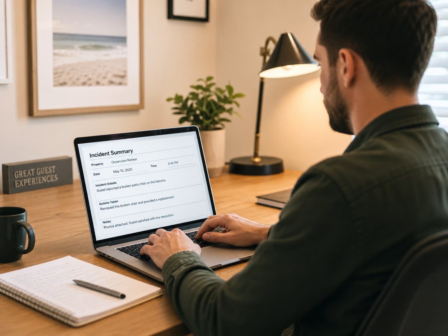 Host calmly responding to a vacation rental noise complaint on the phone at a home office desk with a well-furnished short-term rental visible through the window