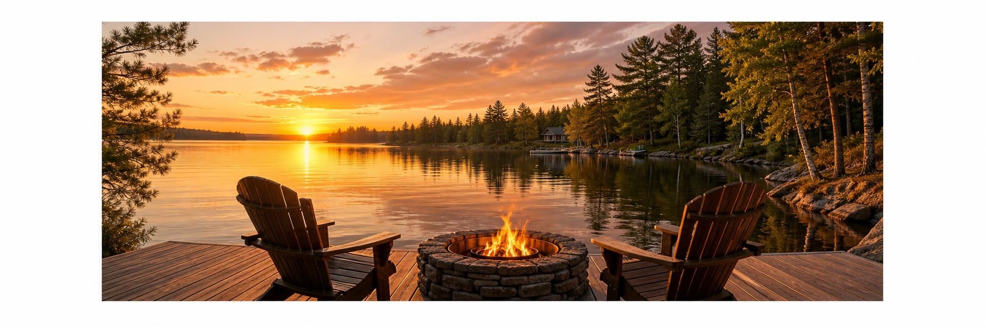 Adirondack chairs and a stone fire pit on a lakeside deck at golden hour, forested shoreline glowing in sunset light — book fee-free lakefront vacation rentals for summer 2026 on Houfy