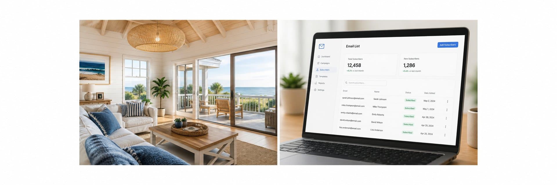 Vacation rental property next to email marketing dashboard on laptop screen — build your guest email list with Houfy