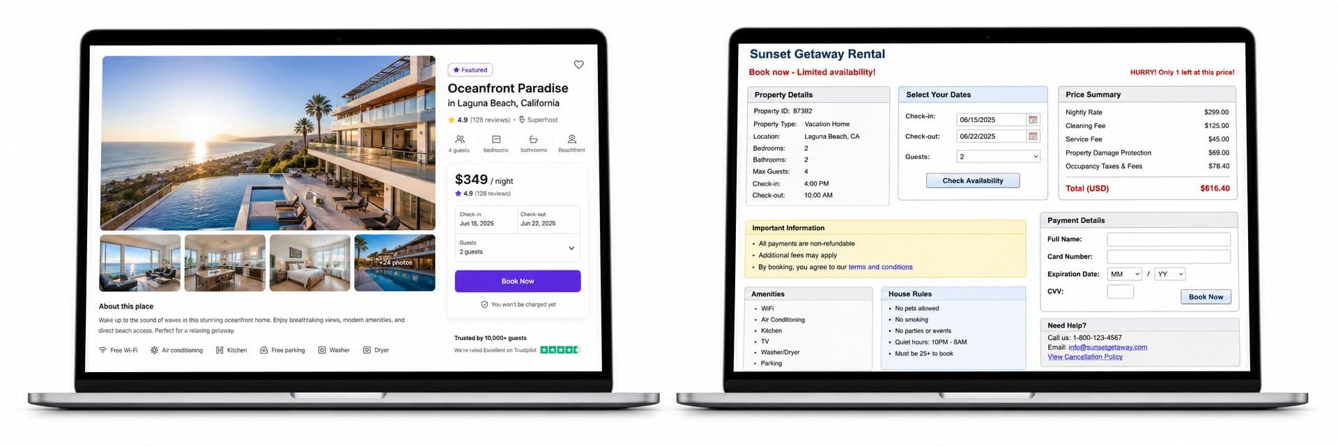 Split-screen comparison of a high-converting vacation rental booking page with a property photo gallery and Book Now button versus a checkout summary page showing price breakdown and payment form
