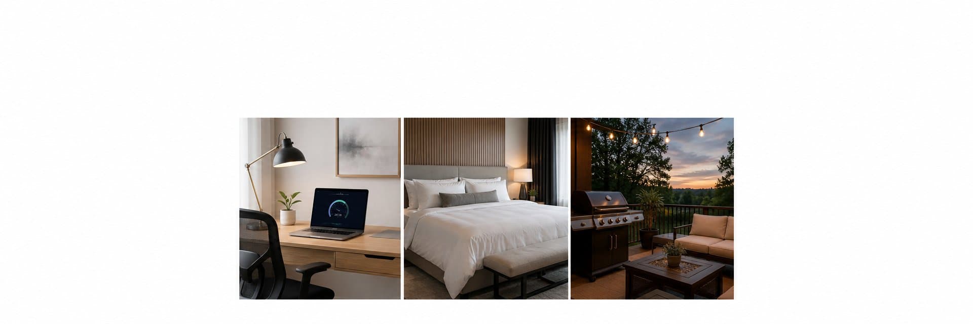 Modern vacation rental amenities 2026: dedicated workspace with laptop and task lamp, hotel-quality white bed with blackout curtains, and a private patio with gas grill and string lights