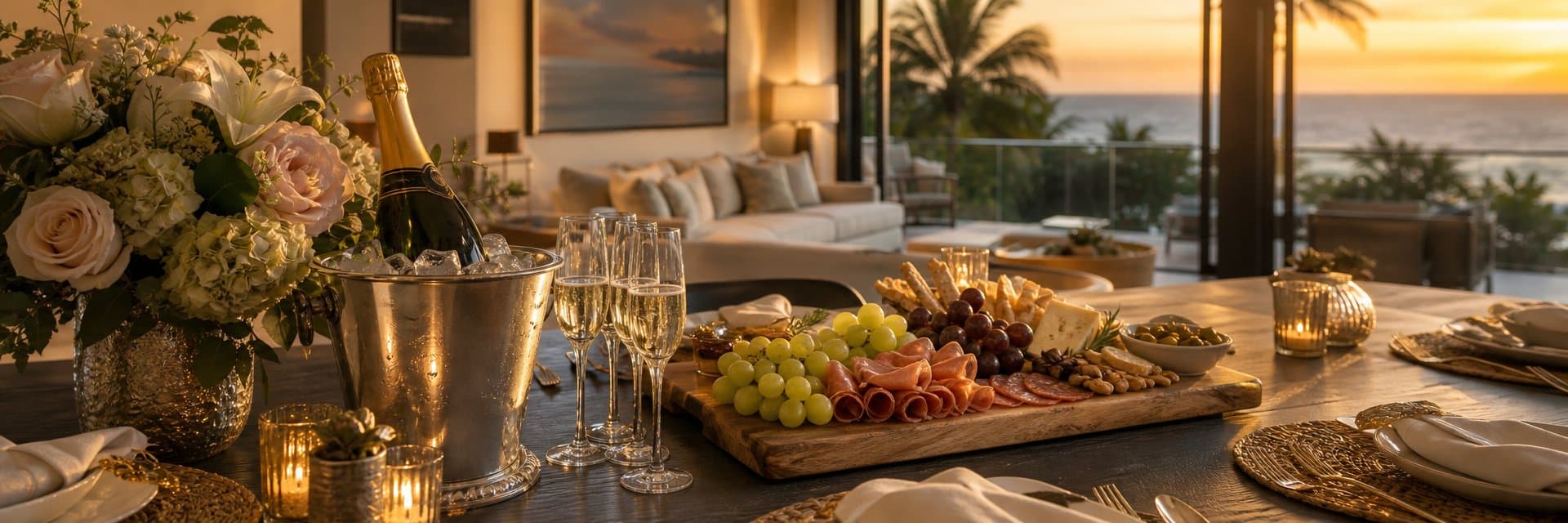 Luxury vacation rental dining table with champagne on ice, artisan charcuterie board, fresh flowers, and warm candlelight — aspirational vacation rental upsells welcome experience