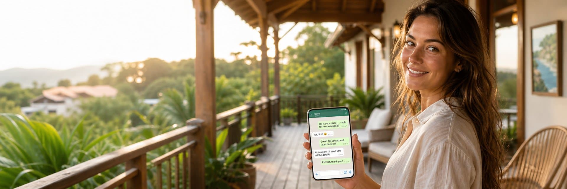 Vacation rental host holding smartphone with WhatsApp guest chat open on a sunny property porch