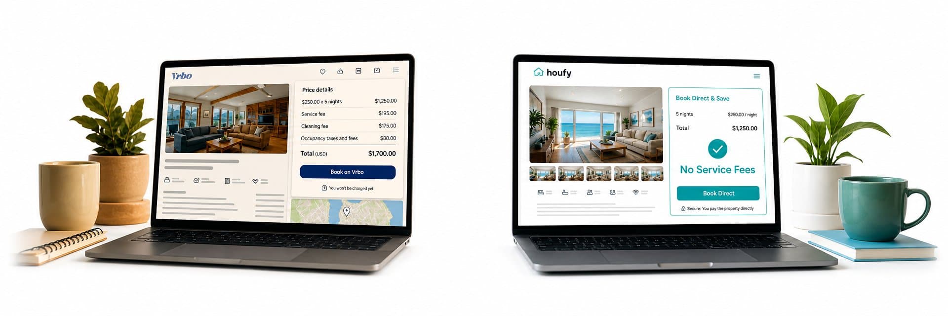 Two laptops side by side on a white surface showing VRBO's checkout totaling $1,700 with stacked service fees versus Houfy's direct booking page at $1,250 with no service fees — book fee-free vacation rentals on Houfy