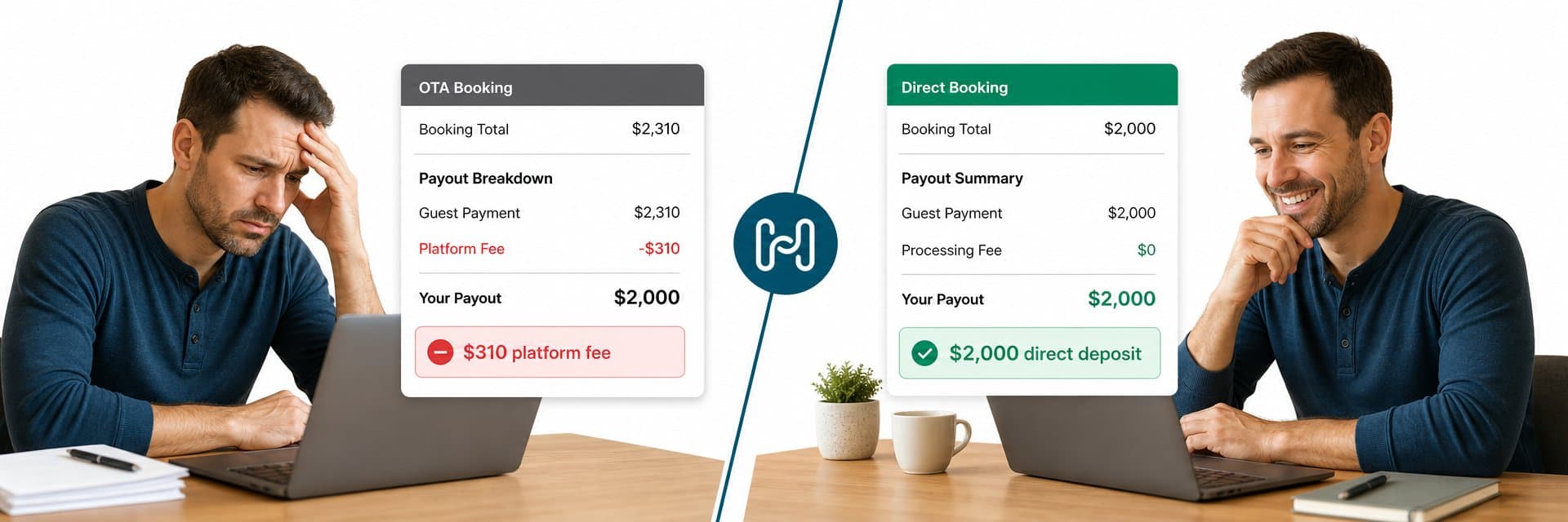 Vacation rental host comparing OTA commission deductions versus direct payment income side by side on a laptop