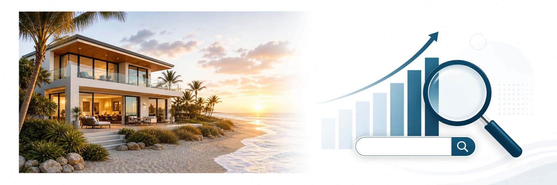 Vacation rental property beside an organic SEO growth chart showing rising direct bookings — vacation rental SEO 2026 hero image