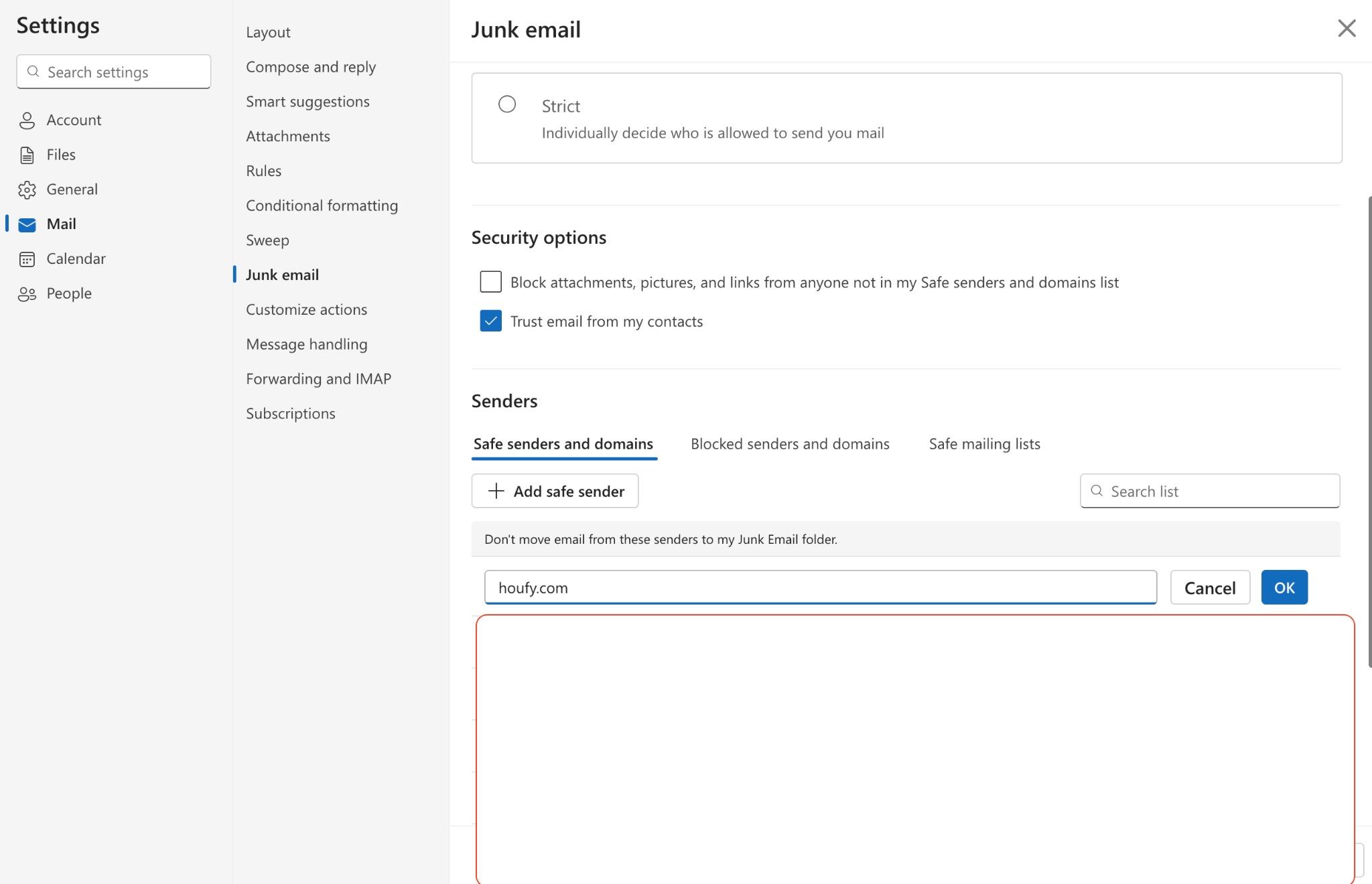 Add houfy.com to safe list of senders: hotmail or outlook
