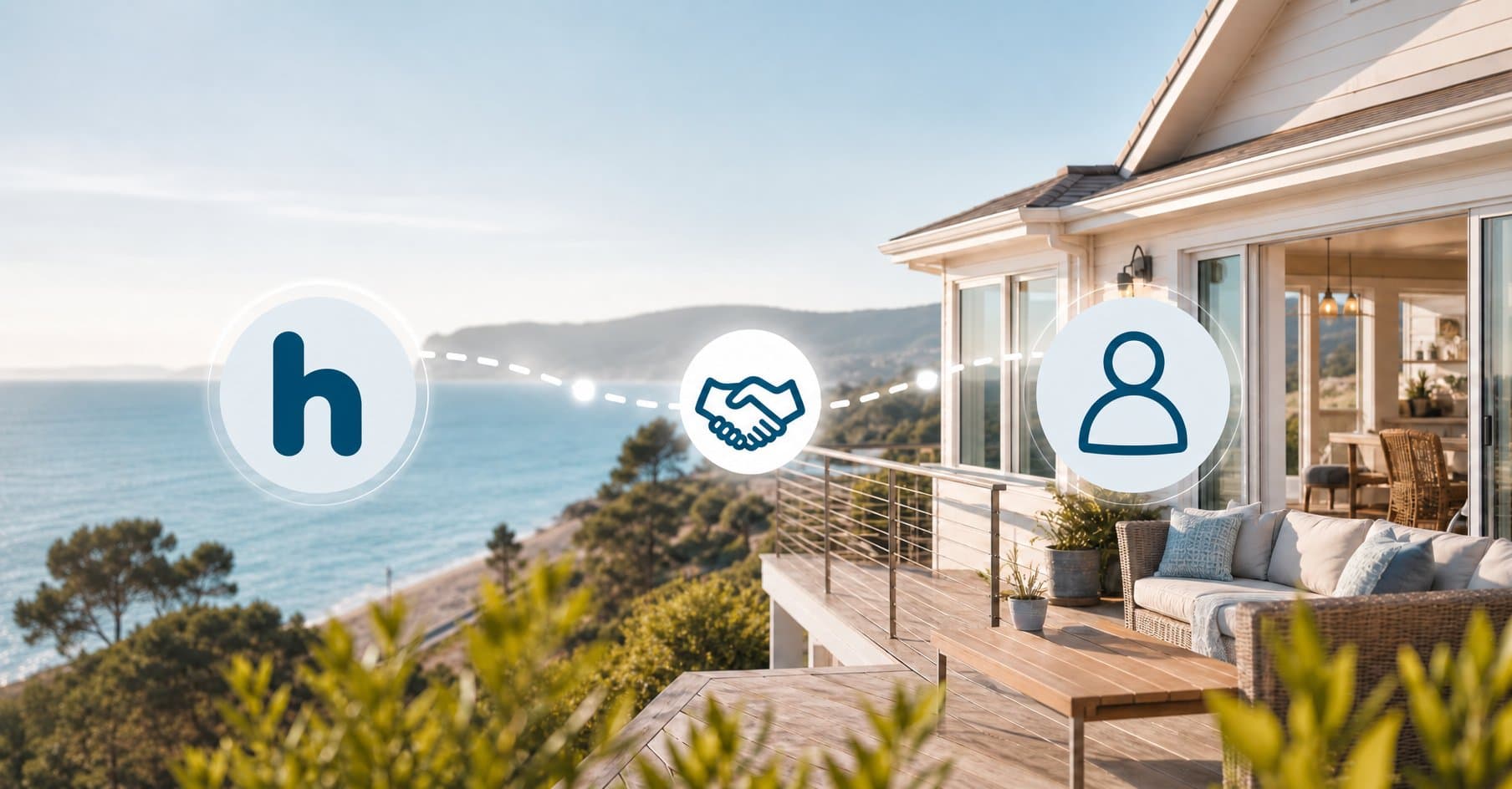 A sunlit vacation rental property with a warm coastal setting, representing the direct connection between hosts and guests on the Houfy platform.