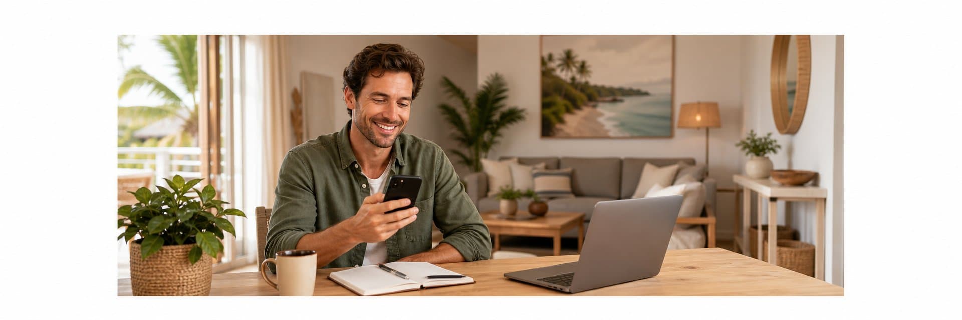 Vacation rental host reviewing guest special requests on a smartphone and laptop in a bright, welcoming rental property