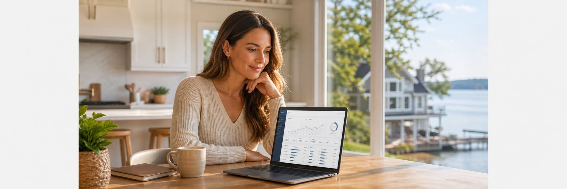Vacation rental host reviewing direct booking revenue dashboard on laptop after switching from Airbnb to Houfy, lake house property visible through window