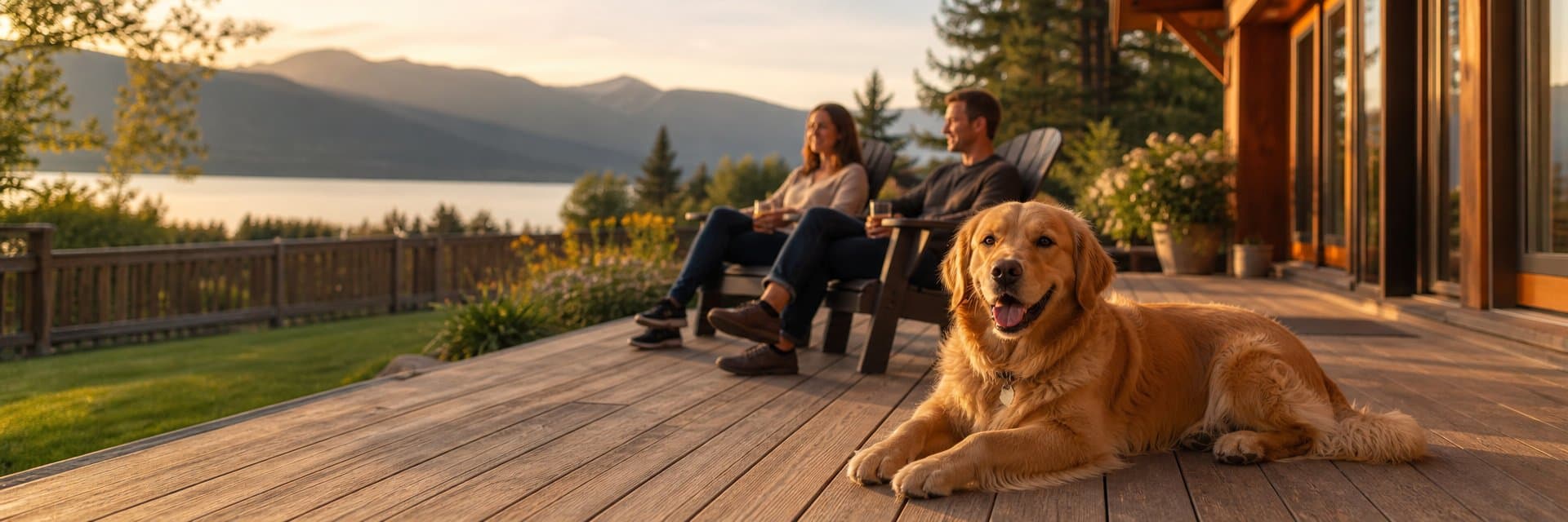 Happy dog relaxing on vacation rental deck with owners in the background and fenced yard visible — pet friendly vacation rental lifestyle photography