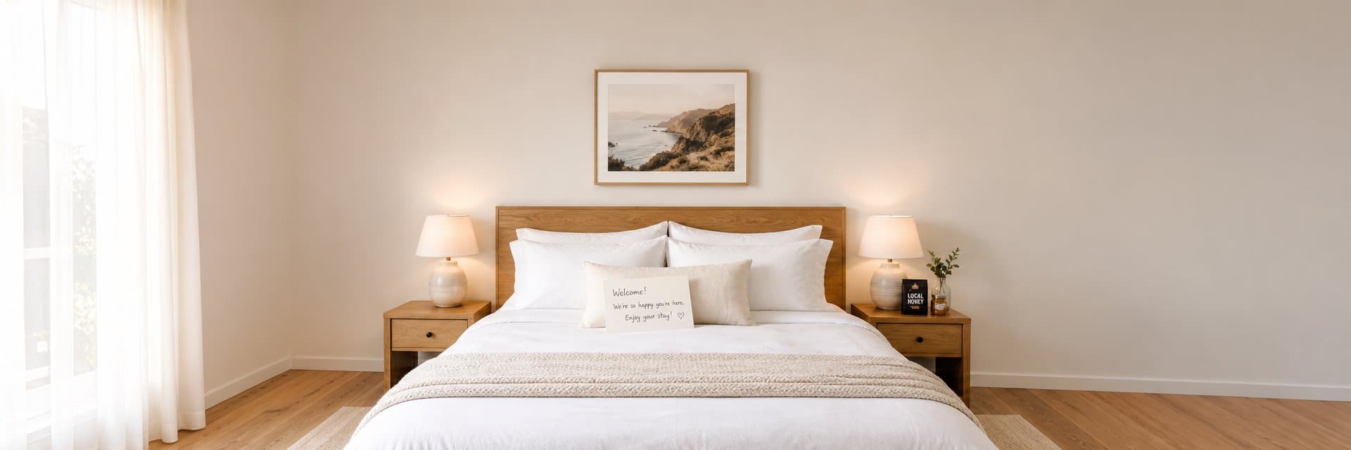 A bright vacation rental bedroom with white linens, a handwritten welcome note on the pillow, local honey and coffee beans on the nightstand, and warm morning light through sheer curtains