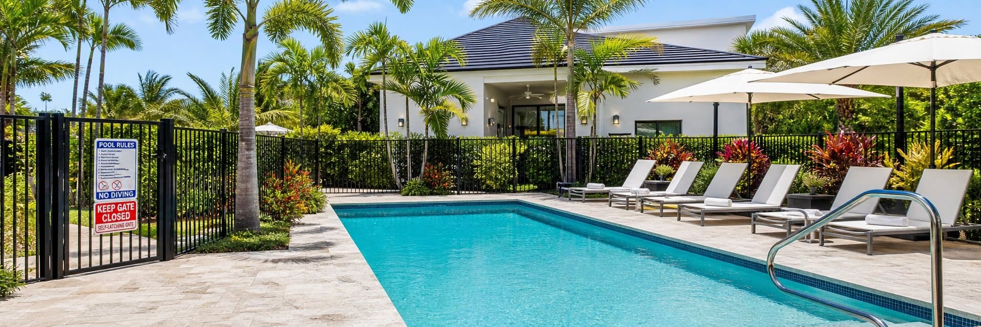 Clean outdoor pool at a vacation rental property with a safety fence, posted signage, and landscaped surroundings on a sunny day