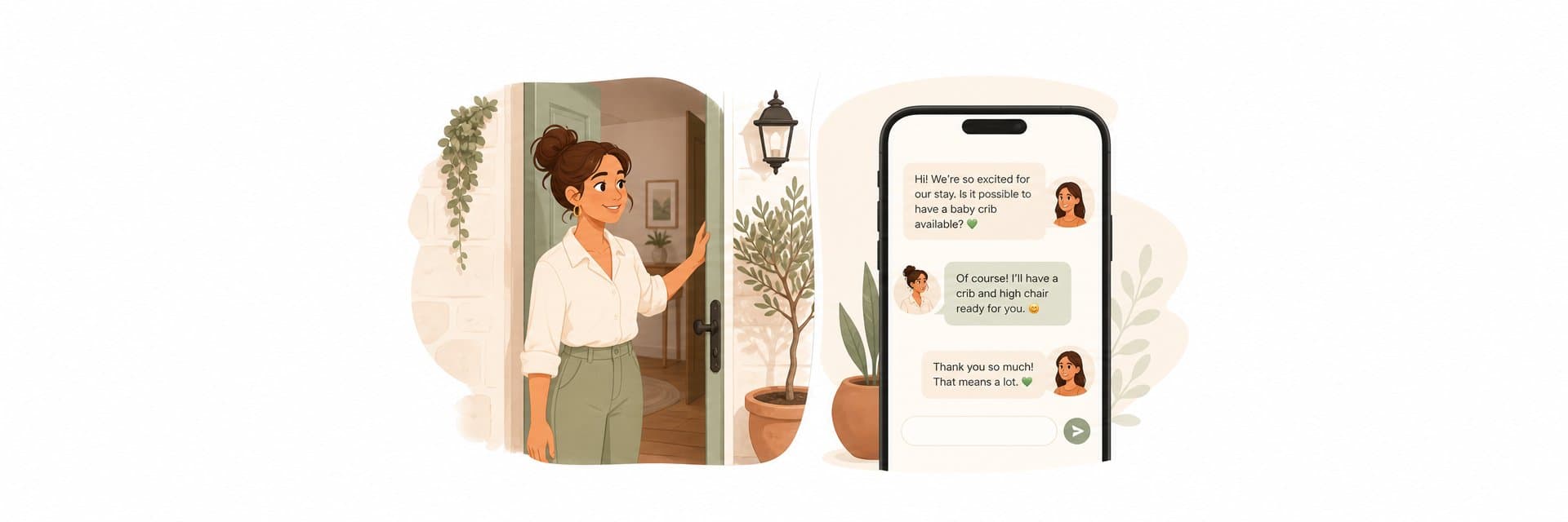 Vacation rental host welcoming guests at the front door while reviewing a special request on a smartphone