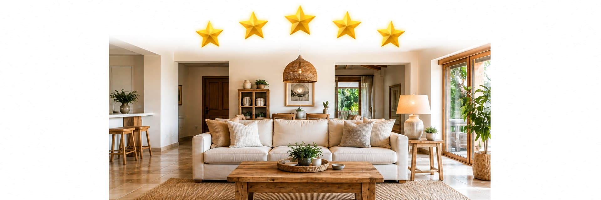 Bright coastal vacation rental living room with cream sectional sofa, rattan pendant lamp, and five glowing gold stars — book a fee-free direct vacation rental on Houfy
