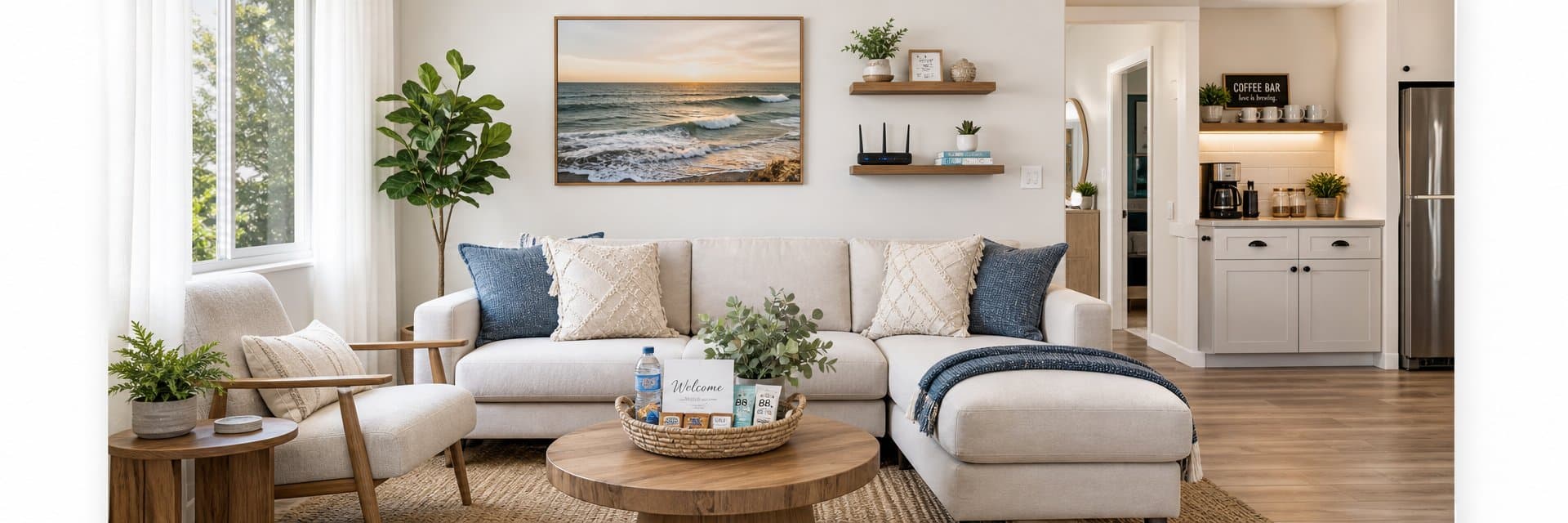 Beautifully staged vacation rental living room with WiFi router, welcome basket, and coffee station — what guests want in a 5-star vacation rental in 2026