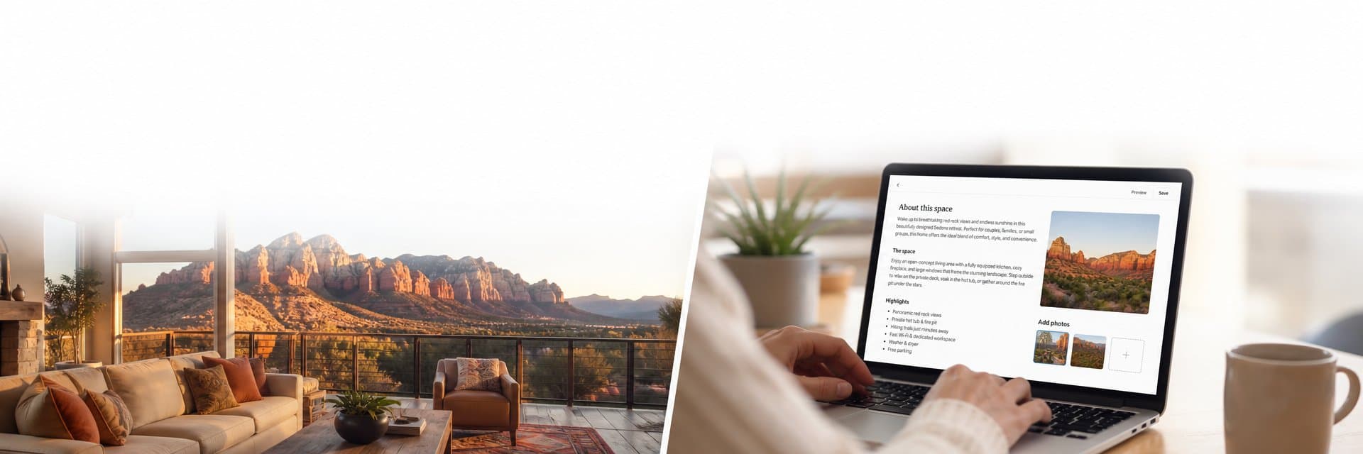Vacation rental living room with red rock canyon views beside a laptop showing a listing description being written