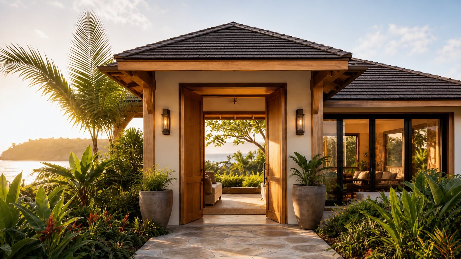 Sunlit vacation villa with open front door and tropical garden — book your vacation rental direct with the owner on Houfy