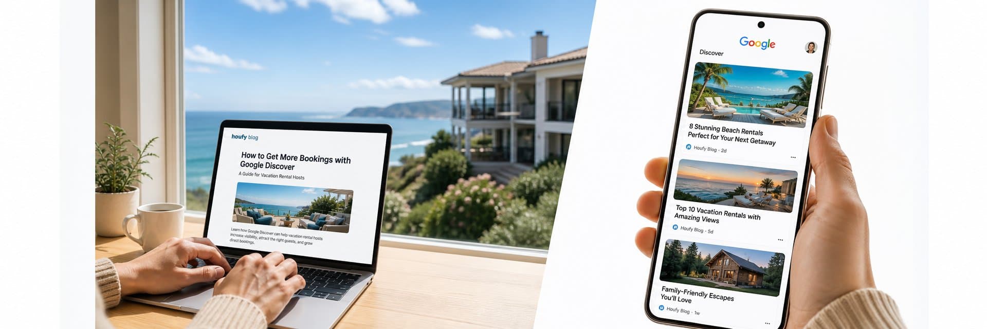 Vacation rental host typing a Houfy blog post on a laptop with a coastal villa view, beside a smartphone showing a Google Discover travel feed — learn how to get your rental featured on Google Discover