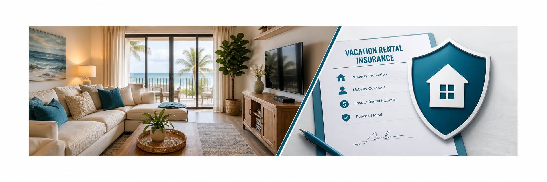 A cozy vacation rental living room on the left and a shield representing insurance protection on the right — short-term rental insurance guide for Houfy hosts