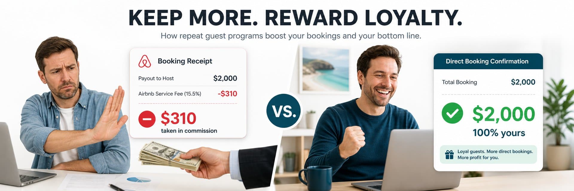 Split-screen comparison showing a vacation rental host losing $310 to Airbnb commission versus keeping $2,000 with a direct repeat guest booking