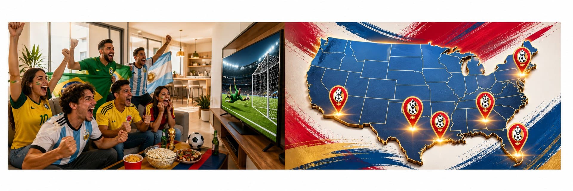 Copa América 2026 fan group celebrating a goal in a vacation rental living room beside a map of the six US host cities marked with football pins