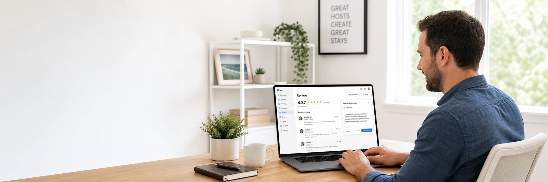 Host writing a vacation rental review response on a laptop with a review management dashboard visible on screen, clean modern home office setting